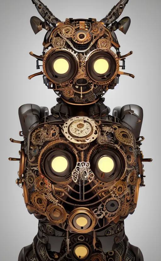 Prompt: steampunk tribal mask, robot, owl, japanese pottery, vivid colors, wood, metal, intricate details, trending on cgsociety, concept art, glowing eyes, sharp focus, ultra realistic details, cinematic atmosphere, global illumination, shadows, octane render, 8 k