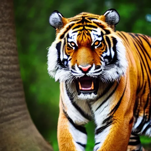 Prompt: portrait photo still of tiger with an elephant trunk!!!. 8 k, 8 5 mm f 1. 8