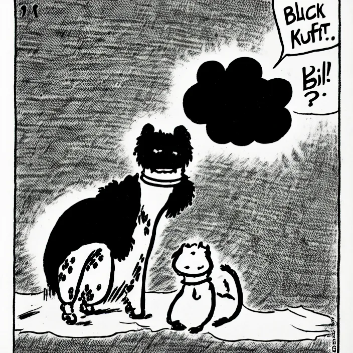 Image similar to a still frame from comic strip, black fluffy dog 1 9 5 0, herluf bidstrup, new yorker illustration, monochrome contrast bw, lineart, manga, tadanori yokoo, simplified,