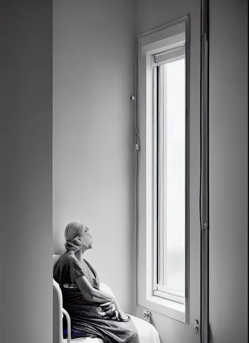 Image similar to medium shot, photo of a beautiful 4 0 year old woman hospital patient sitting in a norwegian hospital room, wearing a hospital gown, with an iv drip, looking out window. studio lighting, 3 5 mm, by charlie waite, max rive, caroline foster.