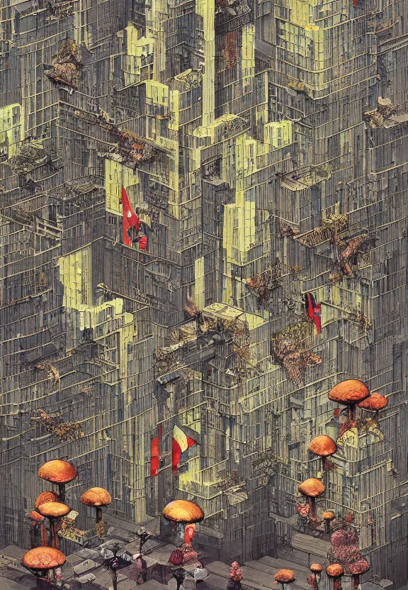 Image similar to [City with checkered!! flags, brutalism! and mushrooms. Propaganda!!! poster!!!!!, intricate, elegant, highly detailed, digital painting, artstation, concept art, matte, sharp focus, illustration, art by Enki Bilal and Moebius]