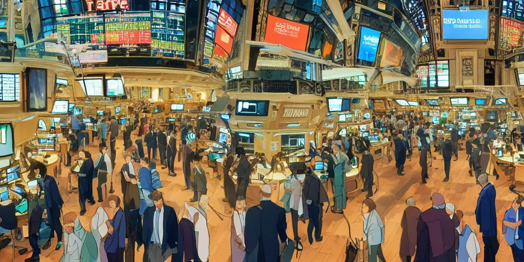 Prompt: beautiful digital painting of traders in the new york stock exchange trading floor, futurism, science fiction, mix of styles, abstract, highly detailed, intricate, studio ghibli color scheme, masterpiece