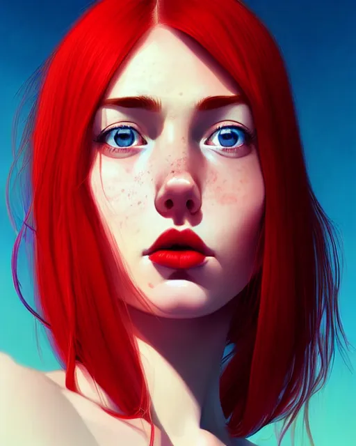 Image similar to a detailed portrait of a beautiful!!!! woman with red hair and freckles by ilya kuvshinov, digital art, dramatic lighting, dramatic angle