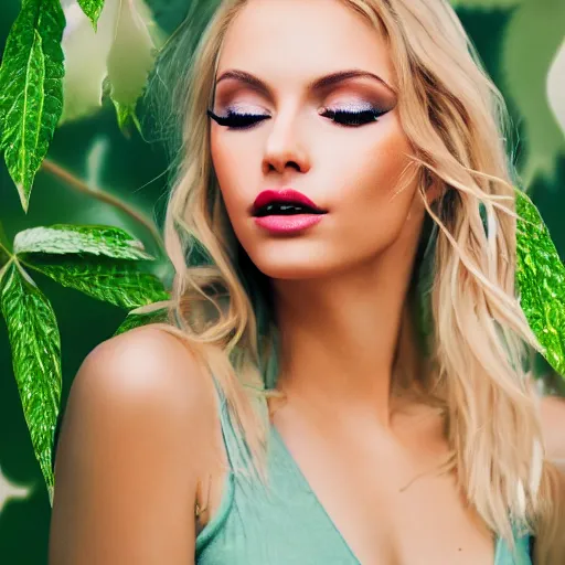 Prompt: Very realistic image of a beautiful blonde girl with rosy lips and lush eyelashes, green eyes on a background of birds 8k