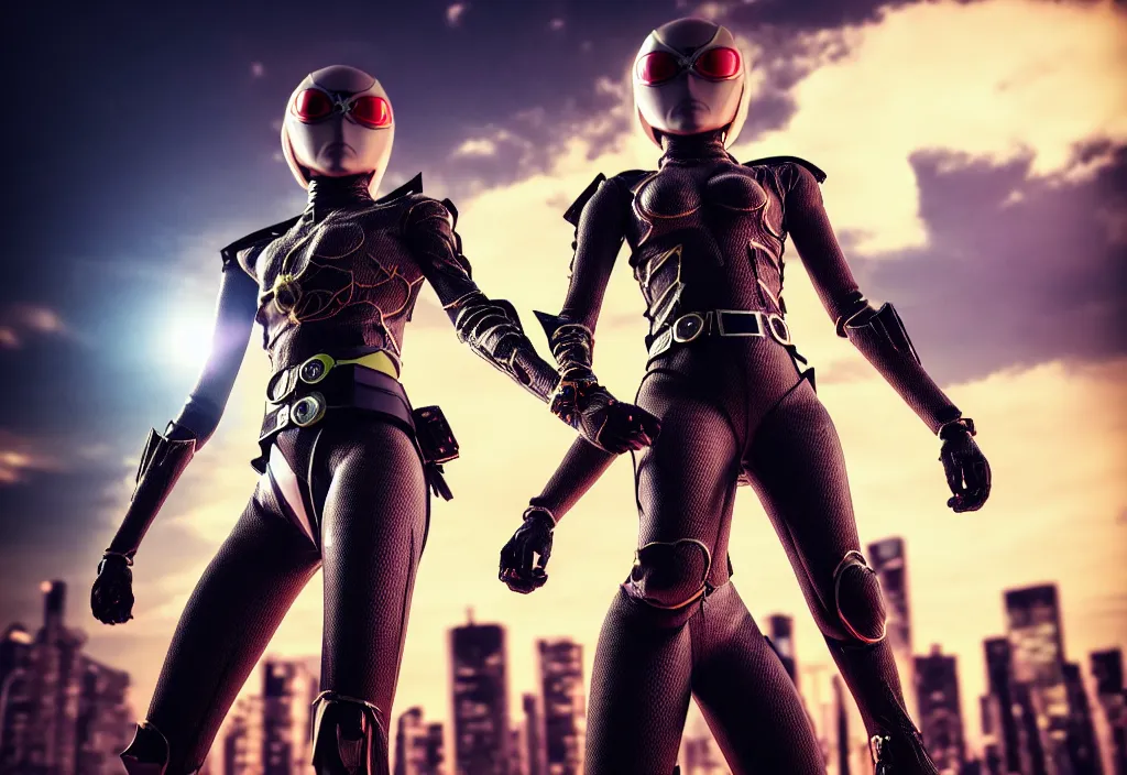 Prompt: huge belt, female kamen rider, hero action pose, human structure, insect art concept, full body hero, intricate detail, hyperrealistic art and illustration by a. k. a limha lekan a. k. a maxx soul and alexandre ferra, global illumination, blurry and sharp focus, on future tokyo night rooftop, frostbite engine