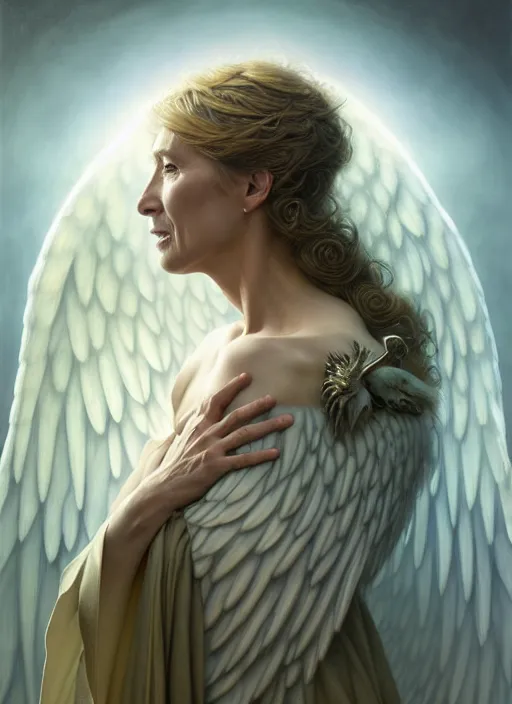 Image similar to emma thompson as an angel with cloak, aesthetic, fine art, intricate, elegant, highly detailed, realistic hair, centered, digital painting, art station, conceptual art, soft, sharp focus, illustration, artwork, artgerm, tomasz alen kopera, peter mohrbacher, donato giancola, wlop, boris vallejo