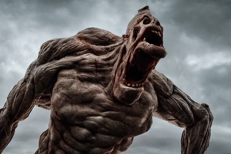 Prompt: a giant yelling titan in the distance, made of flesh and muscles, photograph, ambient lighting, picture, photo, cinematic lighting, terror, horror, scary, photography