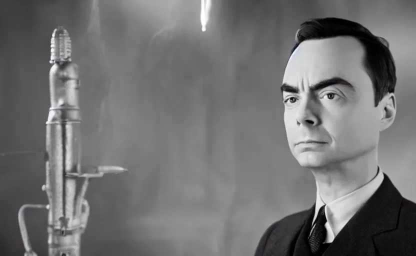 Prompt: Jim Parsons as J. Robert Oppenheimer in 'Oppenheimer' (2018), movie still frame, oscar nominated cinematography, volumetric lighting, 8k resolution, beautiful composition