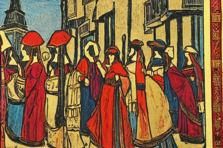 Image similar to parisian ladies on promenade byzantine style colour woodblock detailed fine quality print