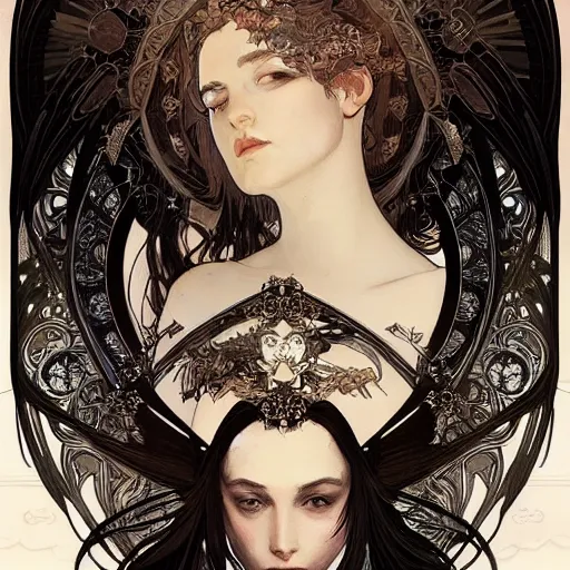 Image similar to A portrait of A beautiful! angel in black flames!! by Ross Tran!! and alphonse mucha and greg rutkowski! and gustav doré!!,In style of digital art illustration.Symmetry.Highly detailed face.Fantasy,smooth,hyper detailed,sharp focus,Soft light.trending on artstation.4k