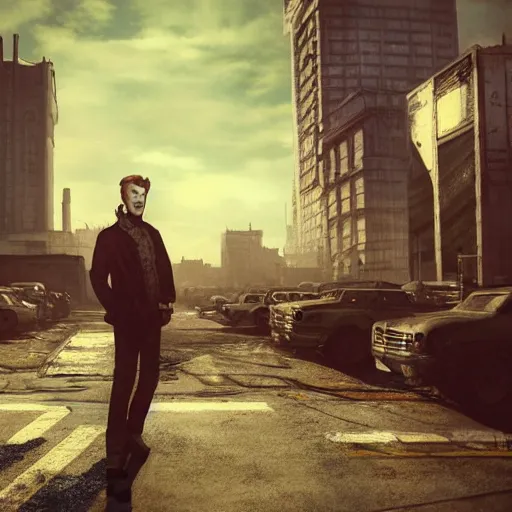 Image similar to fallout 5, charismatic david bowie, portrait, outdoors ruined cityscape, atmospheric lighting, painted, intricate, volumetric lighting, beautiful, daytime, sunny weather, slight overcast, sharp focus, deep colours, ultra detailed, by leesha hannigan, ross tran, thierry doizon, kai carpenter, ignacio fernandez rios