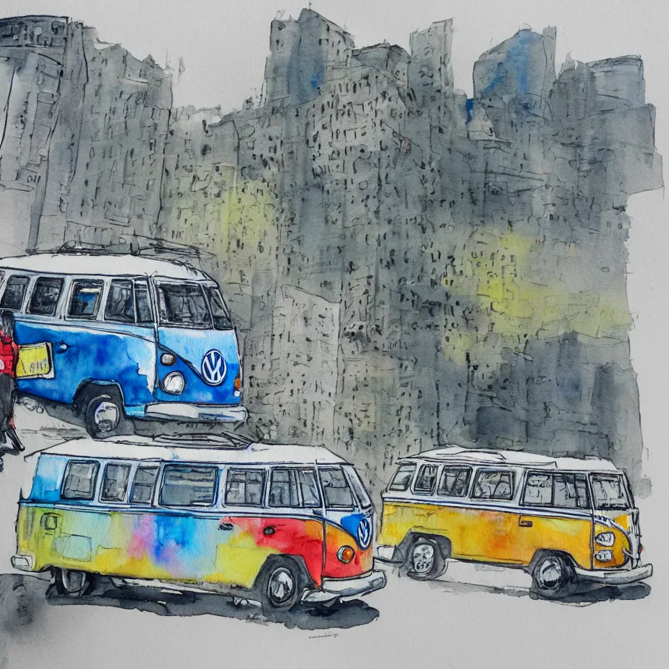 Image similar to a detailed watercolor sketch of vw bus in new york city