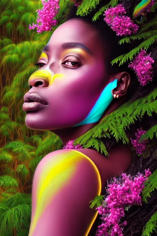 Image similar to hyperrealistic neo - rococo cinematic super expressive! yoruba goddess with exoskeleton armor, merging with tree in a forest, pink yellow flowers, highly detailed digital art masterpiece, smooth etienne sandorfi eric zener dramatic pearlescent soft teal light, ground angle hd 8 k, sharp focus