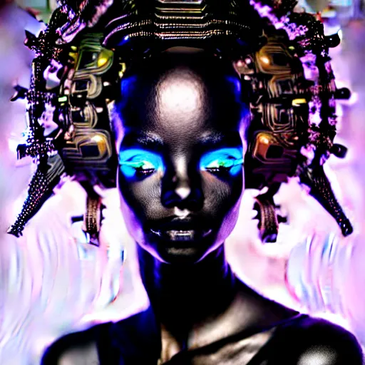 Prompt: portrait of an absurdly beautiful, graceful, sophisticated, fashionable black cyberpunk mechanoid gravure idol, hyperdetailed illustration by irakli nadar, maria borges, matt wisniewski style, intricate linework, dark black skin, neon jellyfish headdress, ivory carved ruff, unreal engine 5 highly rendered, global illumination, radiant light, detailed and intricate environment