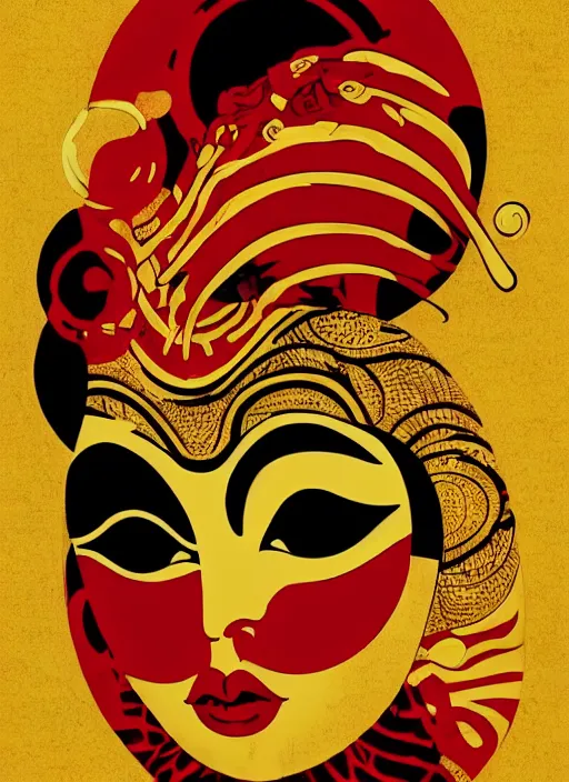 Image similar to portrait of a woman with a mask on his face in the form of a spiral in a golden kimono, full face, against the background of a bright red moon, sad motif, by shepard fairey, dramatic, soft colors, futuristic, 8 k