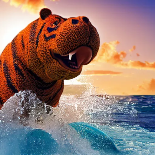 Image similar to a closeup photorealistic photograph of a cute smiling knitted tiger hippopotamus splashing towards a beachball at sunset. surf in background. professional capture. brightly lit scene. this 4 k hd image is trending on artstation, featured on behance, well - rendered, extra crisp, features intricate detail, epic composition and the style of unreal engine.