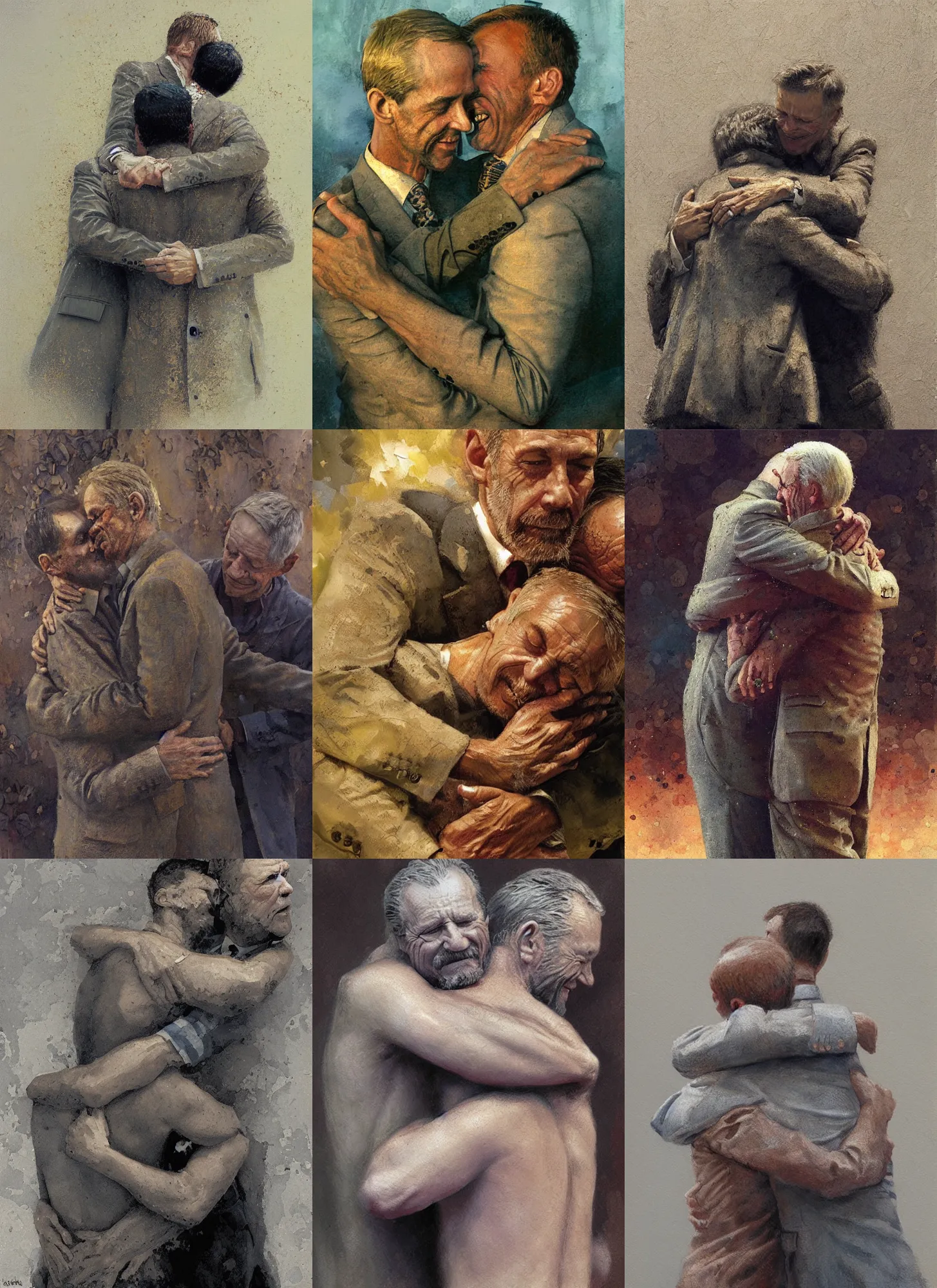 Prompt: two men hugging, detailed, intricate, oil painting by craig mullins, by mattias adolfsson, by karel thole,