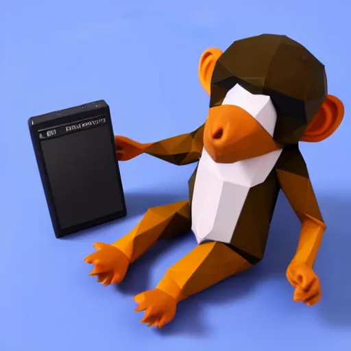 Image similar to an isometric cute 3 d low - poly render of a monkey playing with a sony walkman, soft lighting, unreal engine 5