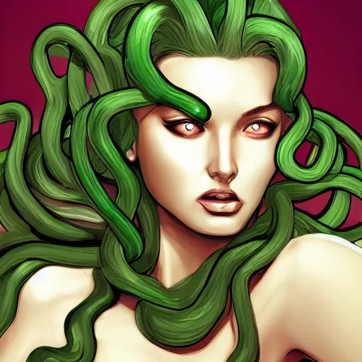 Image similar to medusa painting, comic style, seductive, dynamic lighting, artstation, detailed, blurred background