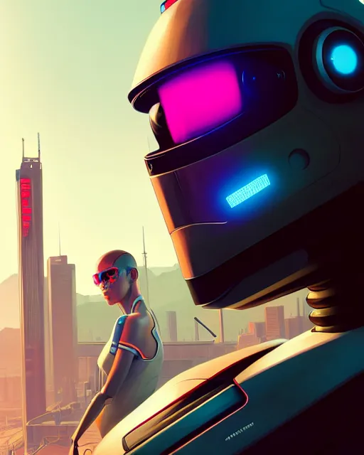 Image similar to hyper - realistic portrait of a futuristic robot, gta v cover art, celshading, sharp focus, intricate, detailed, rhads, andreas rocha, makoto shinkai, lois van baarle, ilya kuvshinov, greg rutkowski, dynamic lighting, grunge aesthetic, 4 k