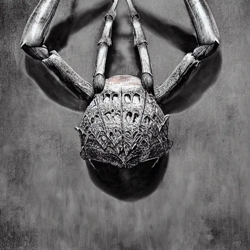 Prompt: spider wearing a viking helmet, by h r giger