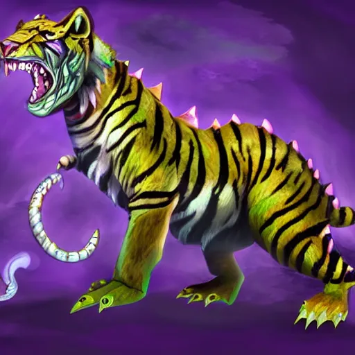 Image similar to violet fantasy crocodile tiger hybrid, fantasy game art, fantasy rpg, league of legends