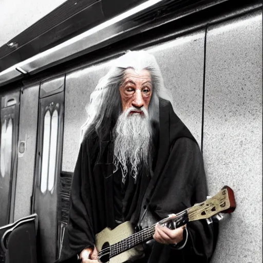 Prompt: a photograph of a washed up gandalf busking on a subway platform