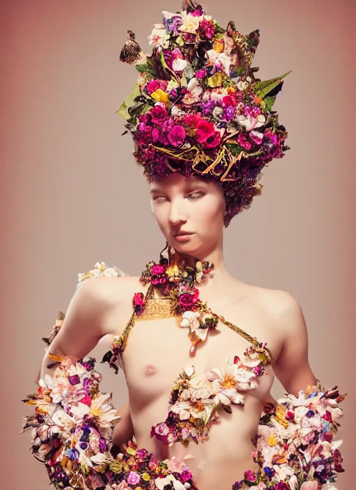 Image similar to full body environmental portrait photo of a young and beautiful female model, ornate headpiece made from flowers, ornaments, glamour shot by gemmy woud - binnendijk, chris knight, photorealistic, canon r 3, fashion photography, ornate, symmetrical features, octane render, unreal engine, solid dark background, clamp shell lighting, rim lighting