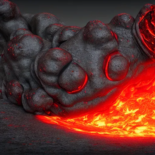 Prompt: lava monster crawling out of a tin, octane, vray, fullshot