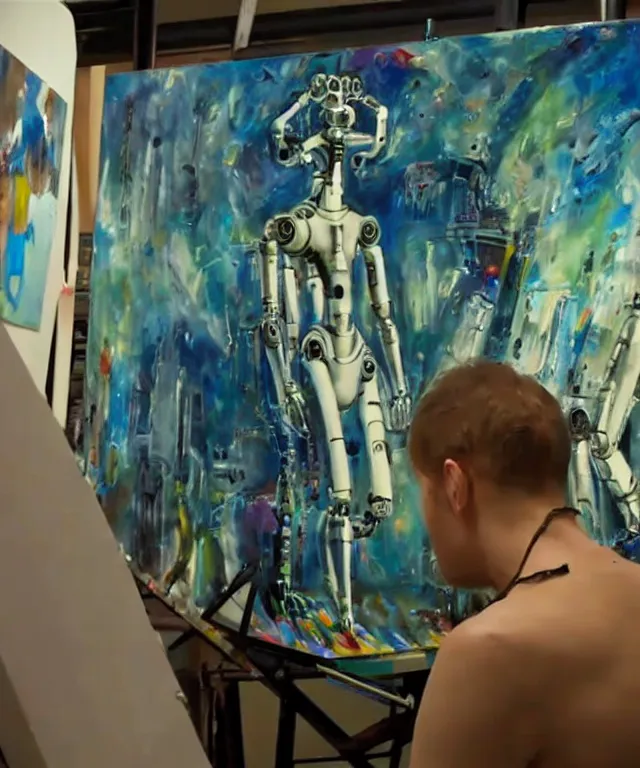 Prompt: photo of futuristic holy futuristic cyborg-robot-painter-artist creating a painting with acrylic paint and brushes in a futuristic artist studio. masterpiece, still from a 2021 movie by Terrence Malick, Tarkovsky, Gaspar Noe, James Cameron,