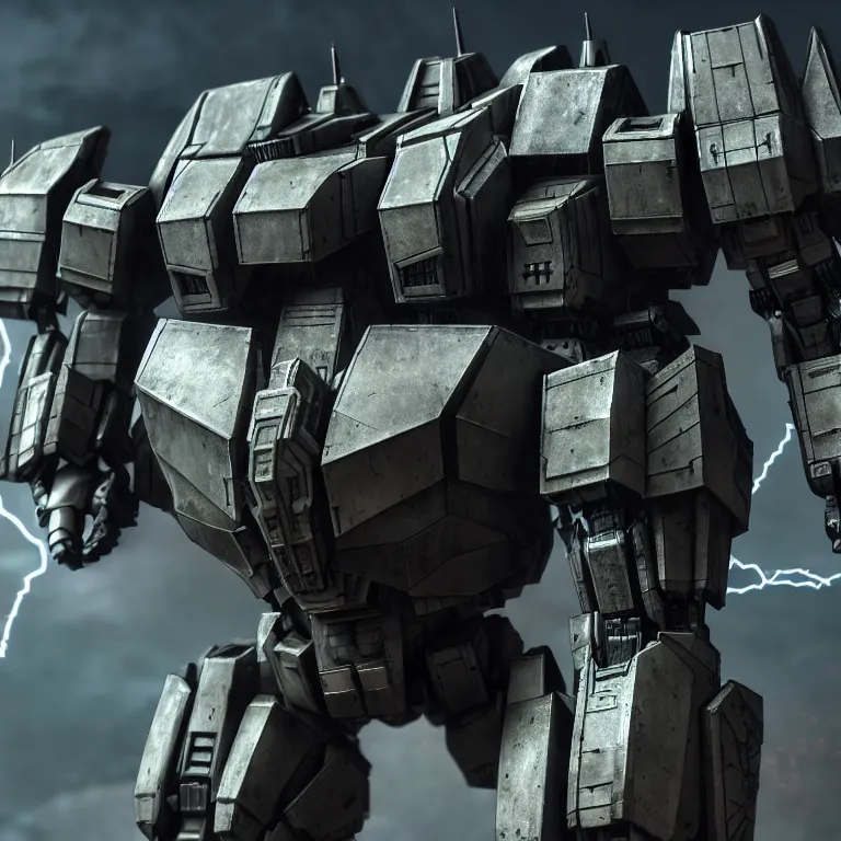 Image similar to hyper detailed 8 k cinematic still, rendering with volumetric lightning and ray tracing, show case of full body aggressive armored core, weathering armor plating, decipticon armor plating, aggressive head, endoekeleton exposure