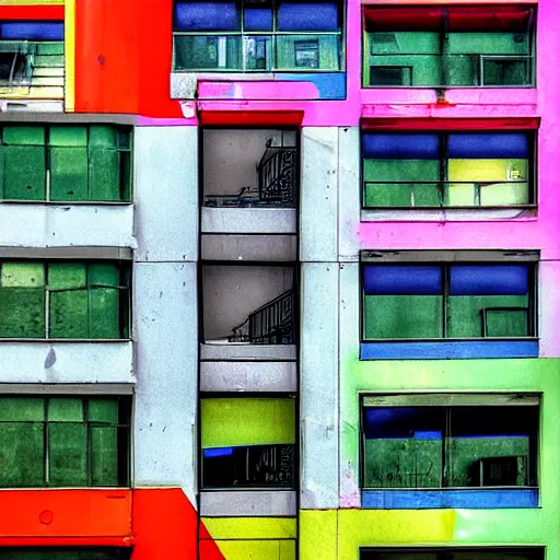 Prompt: bauhaus architecture urban graffiti colourful photography