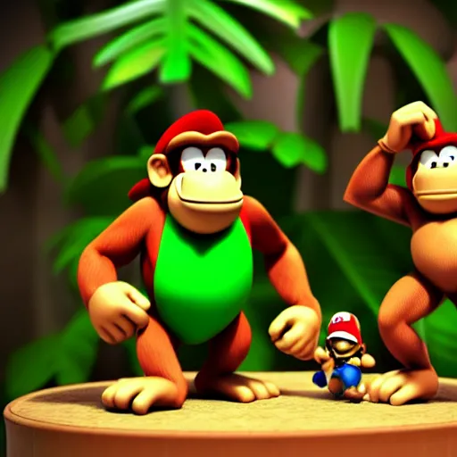 Image similar to Donkey Kong and Diddy Kong surrounded by tropical trees and barrels, 3D render, detailed clay model