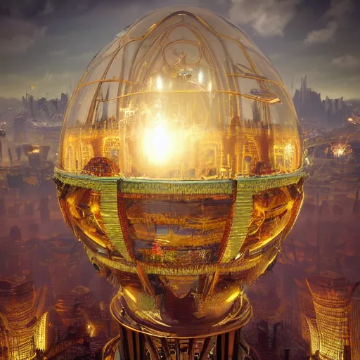 Image similar to enormous flying city in a faberge egg, sky, steampunk, fantasy art, masterpiece, unreal engine, intricate