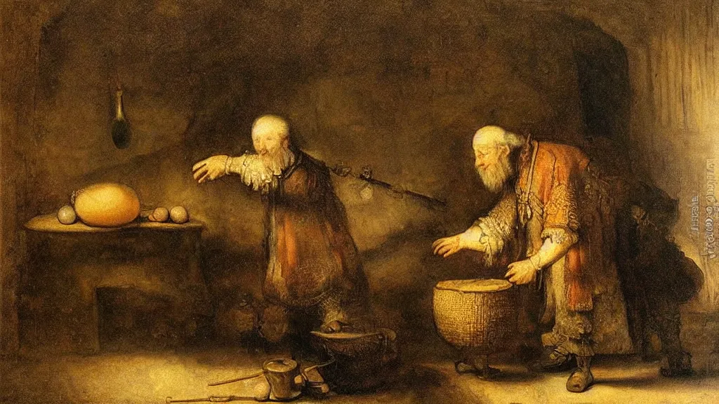 Prompt: wizard examining eggs, oil painting by Rembrandt