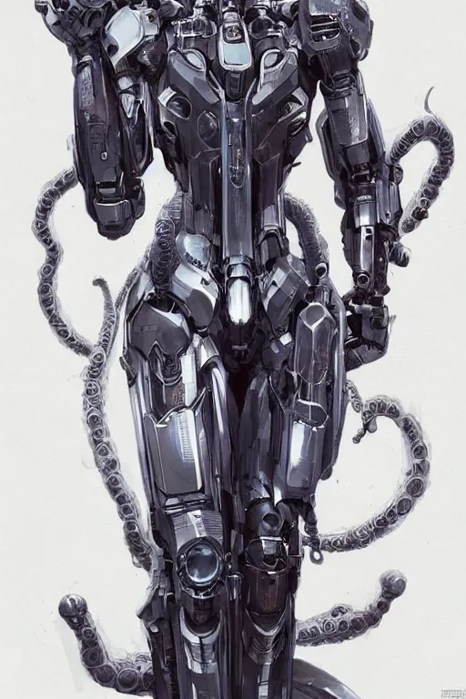 Prompt: very symmetrical!! full body illustrations of mecha, pen and ink, moderately detailed, by james gurney, by greg rutkowski, concept art, deception witch medusa, tentacle, corset, artstation, deviantart, pinterest, unreal engine