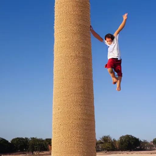 Image similar to kid standing on top of a 1 0 meter high sand tower