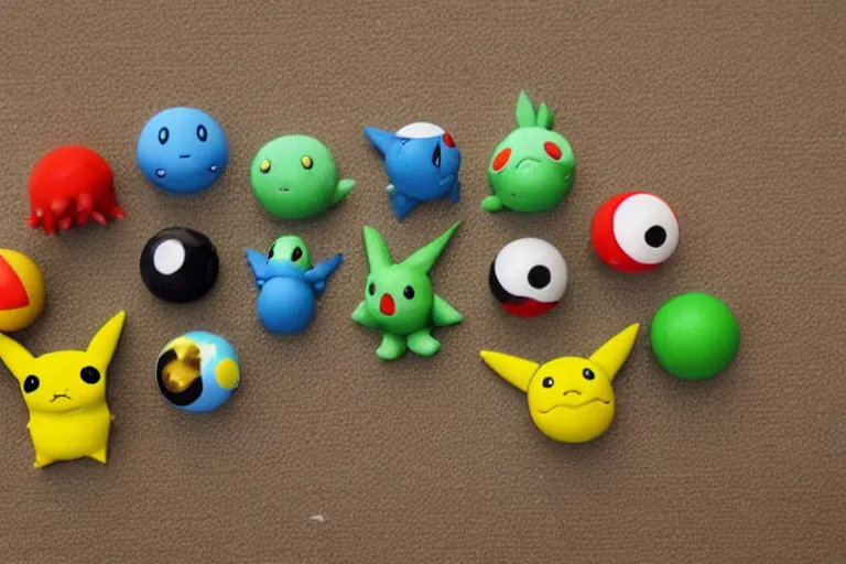 Image similar to cute pokemons representing fundamental particles, made of FIMO