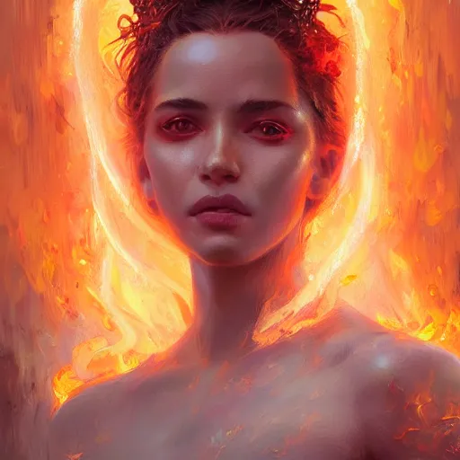 Image similar to a beautiful portrait of a fire goddess, flaming background, a detailed painting by greg rutkowski and raymond swanland, featured on cgsociety, fantasy art, detailed painting, artstation hd, photorealistic