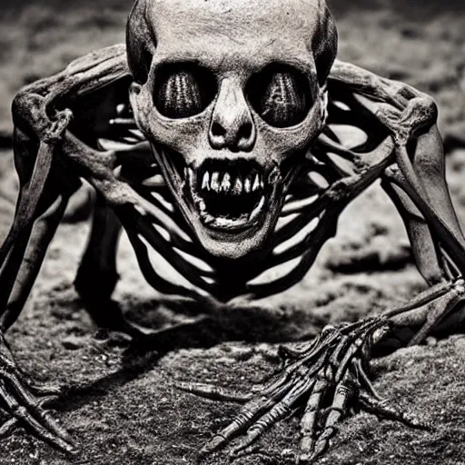 Prompt: skeletal mummy crawling through mud, grinning, eyes wide, horror, hyper realistic, photography,