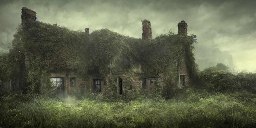 Image similar to photorealistic, ruined english cottage, overgrown vegetation, apocalypse, night, fog, shadowy creatures lurking, hyperrealistic, grimdark, artstation