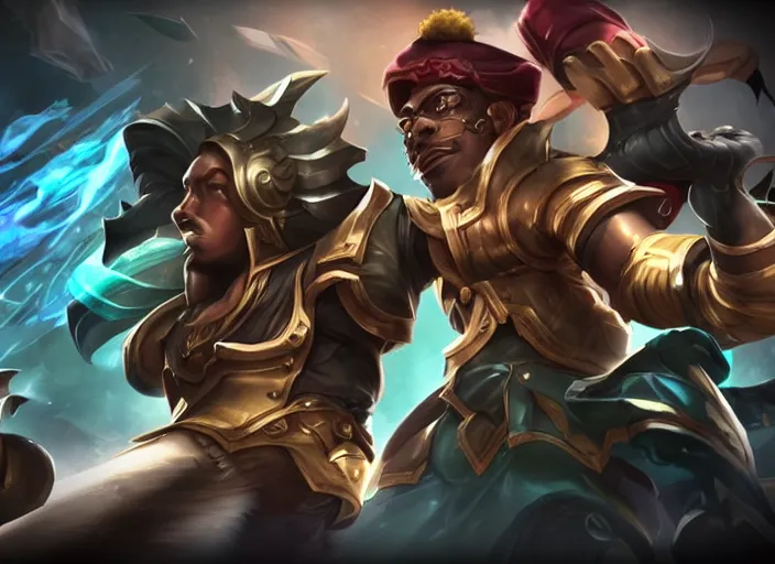 Prompt: league of legends champion splashart of a black guy that holds a gun in every hand