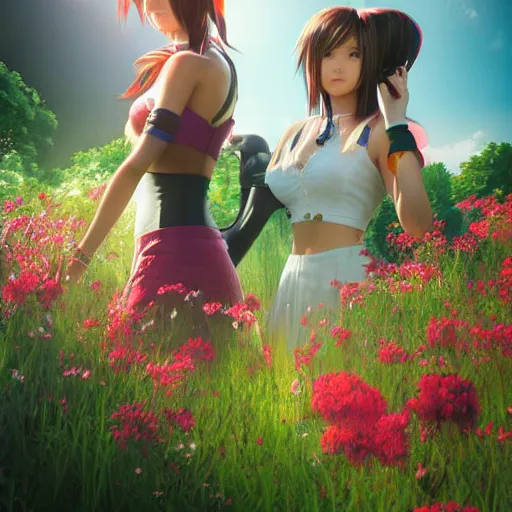 Prompt: aerith and yuffie from final fantasy 7 remake by ross tran, sitting in a flower field by ilya kuvshinov, rtx reflections, maya, extreme high intricate hyperrealistic details by wlop, medium shot, composition by sana takeda, dramatic lighting by greg rutkowski