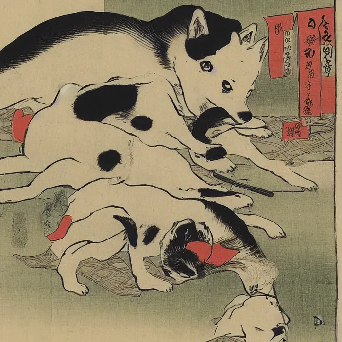 Image similar to a shiba-inu-samurai waking up from a nap, artwork on loan from the historical dog society of japan, by Utagawa Kuniyoshi