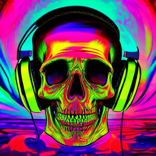 Image similar to melted human skull with headphones, retrowave, synthwave, psychedelic background with sacred geomerty elements in style of alex gray, digital art, artstation