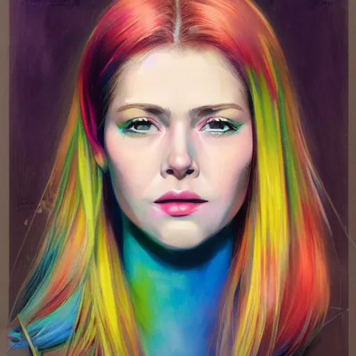 Image similar to tetrachromia half - machine woman with cute - fine - face, pretty face, multicolored hair, realistic shaded perfect face, extremely fine details, by realistic shaded lighting poster by ilya kuvshinov katsuhiro otomo, magali villeneuve, artgerm, jeremy lipkin and michael garmash and rob rey