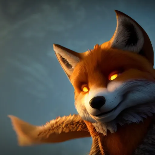 Image similar to fox game character in viking quest, game art, splash art, movie still, cinematic lighting, 2d game, octane render, long lens, shallow depth of field, bokeh, anamorphic lens flare, 8k, hyper detailed, 35mm film grain