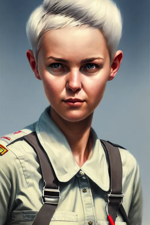 Prompt: portrait of a military engineer woman wearing overalls, with short white hair, pixie haircut, medium shot, portrait, concept art, natural lighting, illustration, full color, highly detailed, photorealistic, by greg rutkowski, artstation,