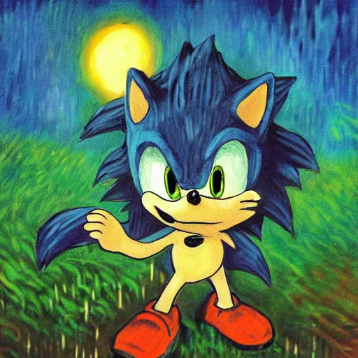 Image similar to sad painting of detailed realistic sonic the hedgehog in the woods at night, in the style of studio ghibli and moebius and claude monet and edward hopper and vincent van gogh