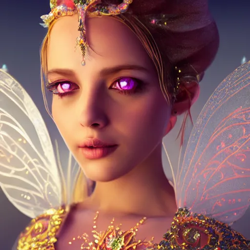 Image similar to portrait of fairy princess, glowing, ornate and intricate jewelry, jaw dropping beauty, glowing background lighting, white accent lighting, hyper detailed, fairy tale, 4 k octane render